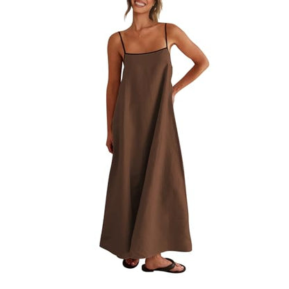 Shy Velvet Linen Maxi Dress Contrast Spaghetti Strap Backless Summer