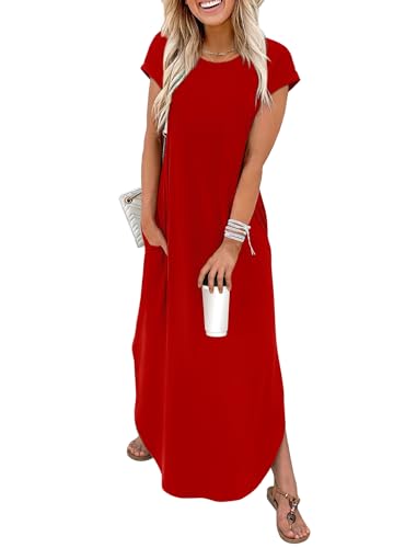 WIHOLL Crewneck Maxi Dress Cap Sleeve Casual with Pockets