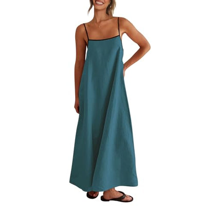 Shy Velvet Linen Maxi Dress Contrast Spaghetti Strap Backless Summer