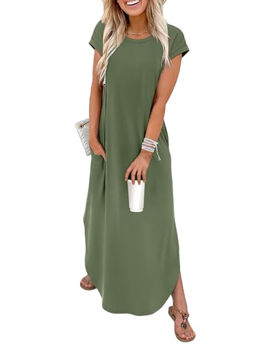 WIHOLL Crewneck Cap Sleeve Maxi Dress with Pockets
