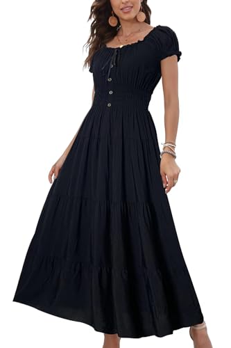 OSTOO Womens Boho Floral Maxi Dress Vintage Style Short Sleeves