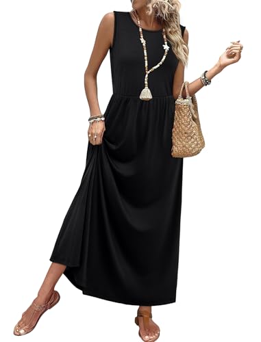 WIHOLL Summer Maxi Dress Flowy Sleeveless Sundress with Pockets