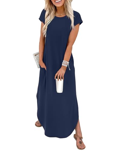 WIHOLL Crewneck Cap Sleeve Maxi Dress with Pockets