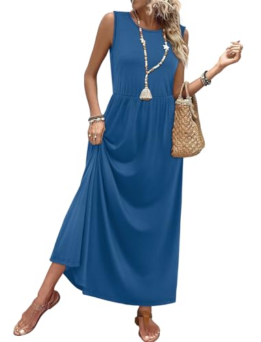WIHOLL Summer Maxi Dress Flowy Sleeveless Sundress with Pockets