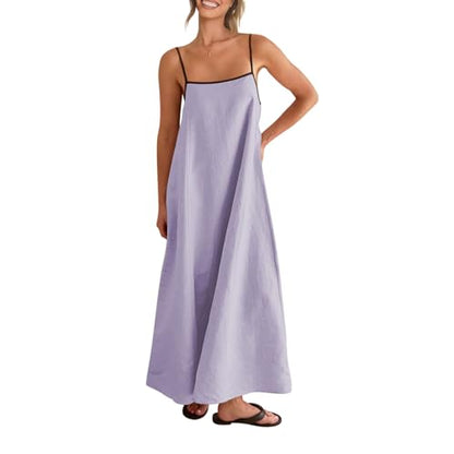 Shy Velvet Linen Maxi Dress Contrast Spaghetti Strap Backless Summer