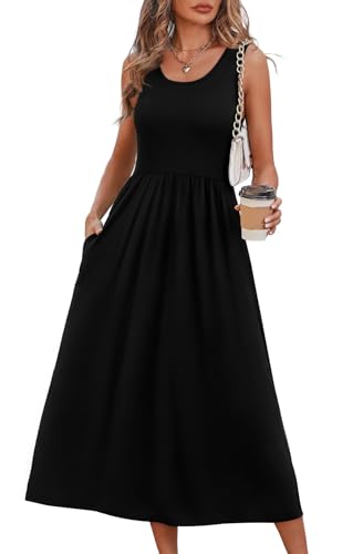 WIHOLL Women's Flowy Midi Sundress Sleeveless Casual Beach Dress Pockets