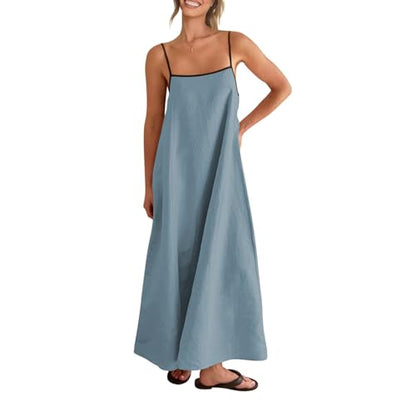 Shy Velvet Linen Maxi Dress Contrast Spaghetti Strap Backless Summer