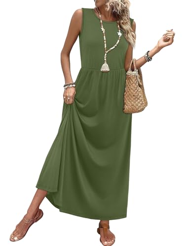 WIHOLL Sleeveless A-Line Maxi Dress with Pockets Flowy Summer Sundress