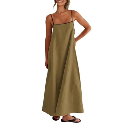 Shy Velvet Linen Maxi Dress Contrast Spaghetti Strap Backless Summer