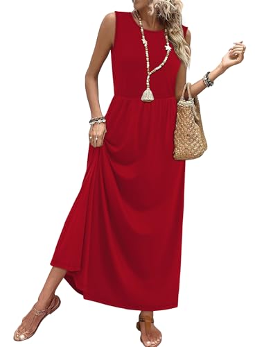 WIHOLL Sleeveless A-Line Maxi Dress with Pockets Flowy Summer Sundress