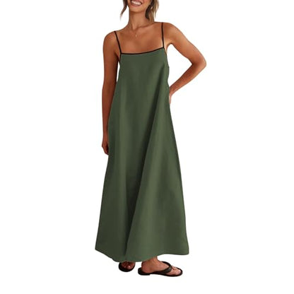 Shy Velvet Linen Maxi Dress Contrast Spaghetti Strap Backless Summer