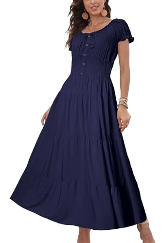 OSTOO Womens Boho Floral Maxi Dress Vintage Style Short Sleeves