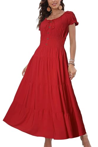 OSTOO Womens Boho Floral Maxi Dress Vintage Style Short Sleeves