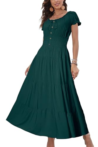 OSTOO Womens Boho Floral Maxi Dress Vintage Style Short Sleeves