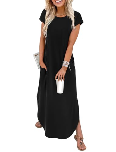 WIHOLL Crewneck Cap Sleeve Maxi Dress with Pockets