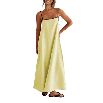 Shy Velvet Linen Maxi Dress Contrast Spaghetti Strap Backless Summer