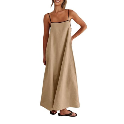 Shy Velvet Linen Maxi Dress Contrast Spaghetti Strap Backless Summer