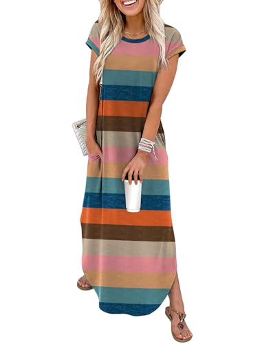 WIHOLL Crewneck Maxi Dress Cap Sleeve Casual with Pockets