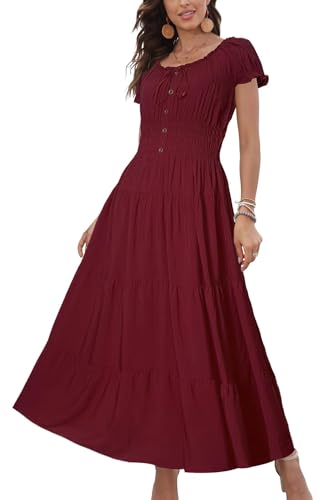 OSTOO Womens Boho Floral Maxi Dress Vintage Style Short Sleeves