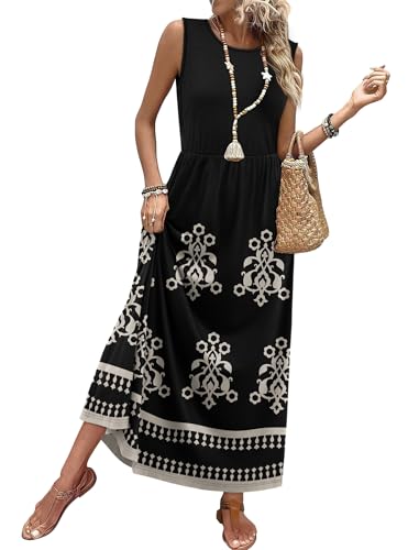 WIHOLL Summer Maxi Dress Flowy Sleeveless Sundress with Pockets