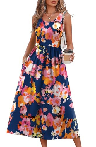 WIHOLL Women's Flowy Midi Sundress Sleeveless Casual Beach Dress Pockets