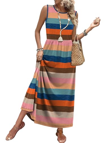 WIHOLL Sleeveless A-Line Maxi Dress with Pockets Flowy Summer Sundress