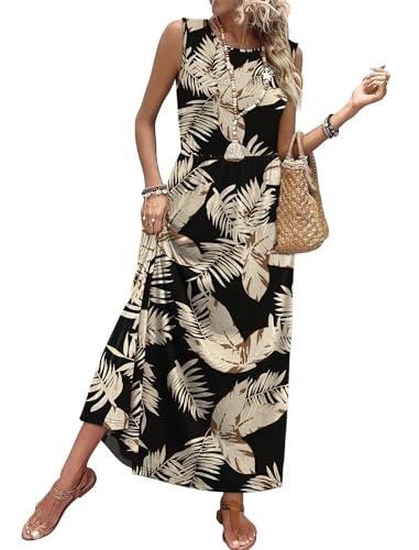 WIHOLL Sleeveless A-Line Maxi Dress with Pockets Flowy Summer Sundress