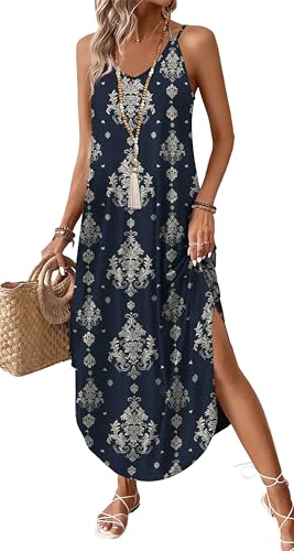 WIHOLL Boho Summer Maxi Dress Halter Neck Sundress with Pockets