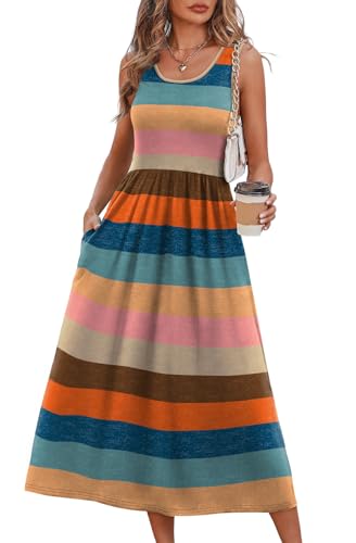 WIHOLL Women's Flowy Midi Sundress Sleeveless Casual Beach Dress Pockets