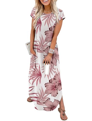 WIHOLL Crewneck Maxi Dress Cap Sleeve Casual with Pockets