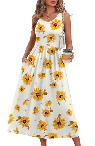 WIHOLL Women's Flowy Midi Sundress Sleeveless Casual Beach Dress Pockets