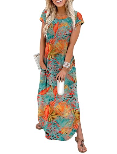 WIHOLL Crewneck Maxi Dress Cap Sleeve Casual with Pockets