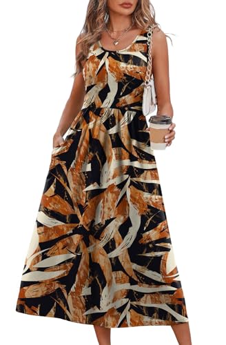 WIHOLL Women's Flowy Midi Sundress Sleeveless Casual Beach Dress Pockets