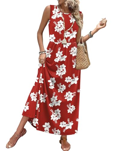 WIHOLL Summer Maxi Dress Flowy Sleeveless Sundress with Pockets