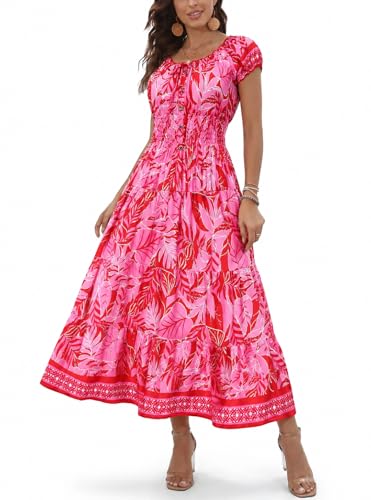 OSTOO Womens Boho Floral Maxi Dress Vintage Style Short Sleeves