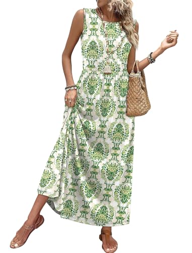 WIHOLL Summer Maxi Dress Flowy Sleeveless Sundress with Pockets