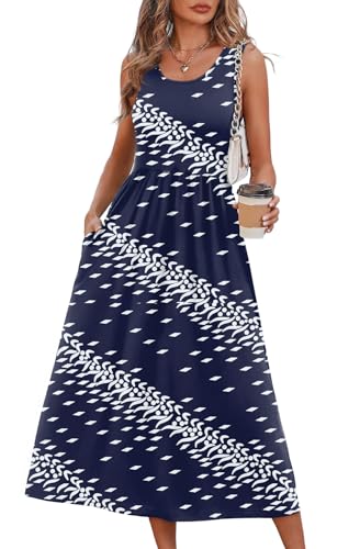 WIHOLL Women's Flowy Midi Sundress Sleeveless Casual Beach Dress Pockets