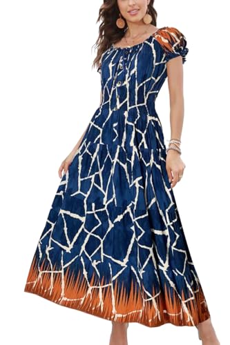 OSTOO Womens Boho Floral Maxi Dress Vintage Style Short Sleeves