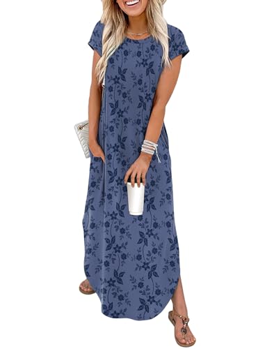 WIHOLL Crewneck Maxi Dress Cap Sleeve Casual with Pockets
