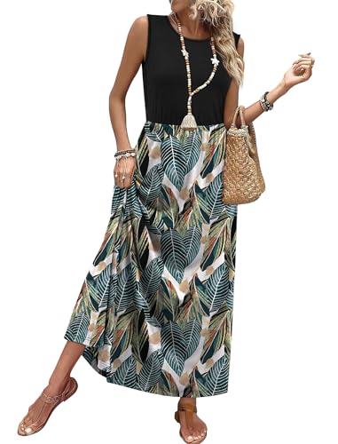 WIHOLL Sleeveless A-Line Maxi Dress with Pockets Flowy Summer Sundress