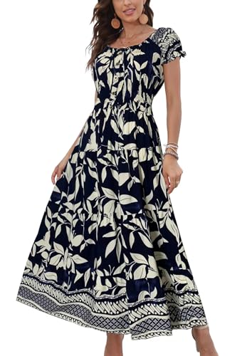 OSTOO Womens Boho Floral Maxi Dress Vintage Style Short Sleeves