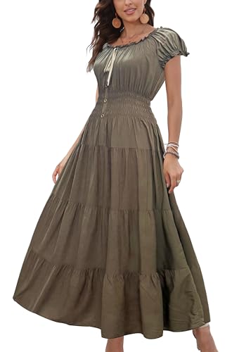 OSTOO Womens Boho Floral Maxi Dress Vintage Style Short Sleeves