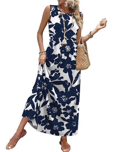 WIHOLL Sleeveless A-Line Maxi Dress with Pockets Flowy Summer Sundress
