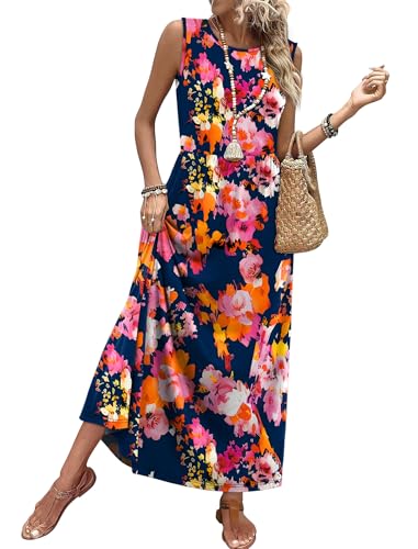WIHOLL Sleeveless A-Line Maxi Dress with Pockets Flowy Summer Sundress