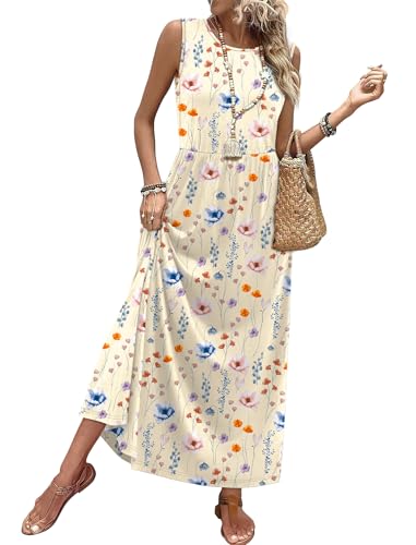 WIHOLL Summer Maxi Dress Flowy Sleeveless Sundress with Pockets