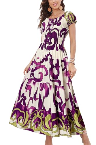 OSTOO Womens Boho Floral Maxi Dress Vintage Style Short Sleeves