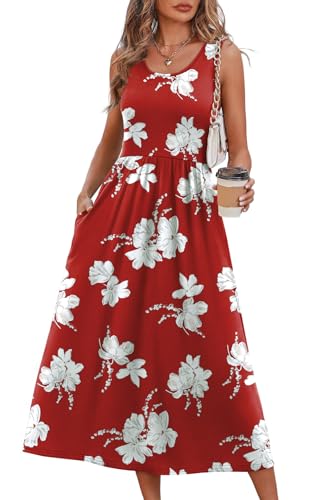 WIHOLL Women's Flowy Midi Sundress Sleeveless Casual Beach Dress Pockets