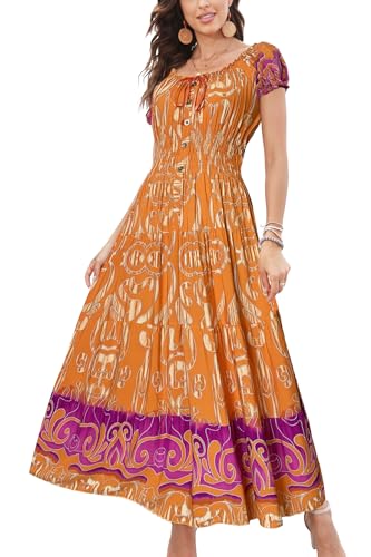 OSTOO Womens Boho Floral Maxi Dress Vintage Style Short Sleeves