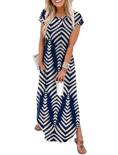 WIHOLL Crewneck Maxi Dress Cap Sleeve Casual with Pockets