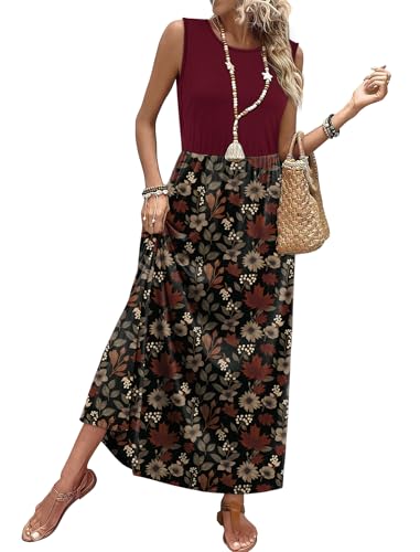 WIHOLL Summer Maxi Dress Flowy Sleeveless Sundress with Pockets